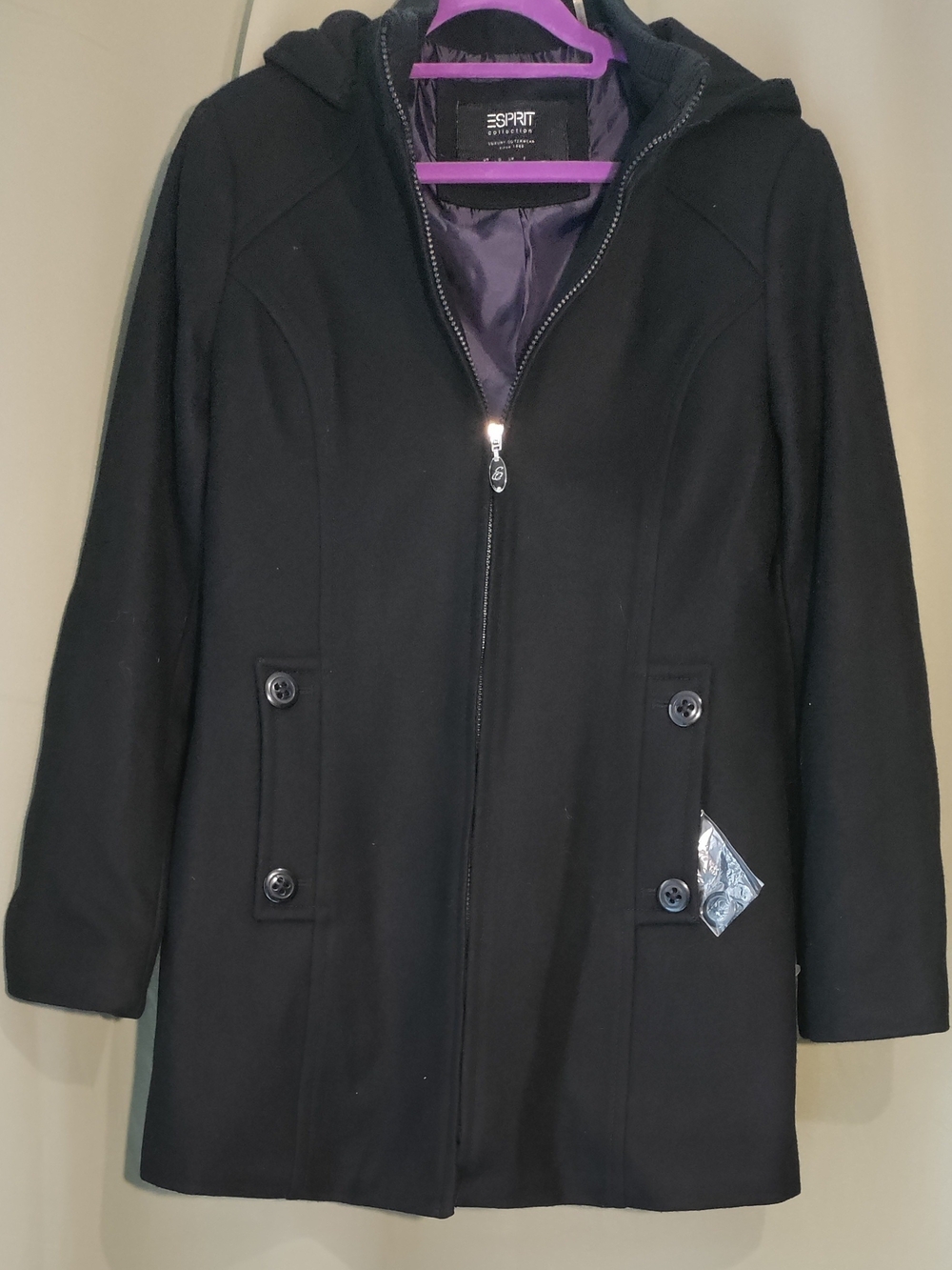 Esprit Collection Black Wool Blend Hooded Coat Size M Full Zip 34" Length